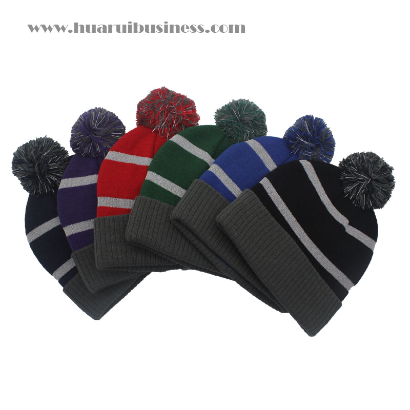 acrylic cuffed beanie,hat,tuque,unisex,winter beanie with pom pom with reflective strips